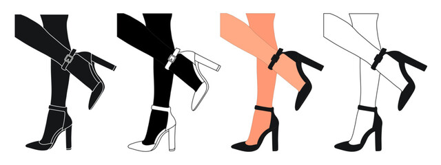 Silhouette outline of female legs in a pose. Shoes stilettos, high heels. Walking, standing, running, jumping, dance