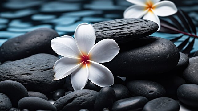  a white flower sitting on top of a pile of black rocks next to a bamboo stick on top of a body of water.