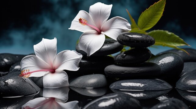  a white flower sitting on top of a pile of black rocks next to a green leaf and a white flower on top of a pile of black rocks.