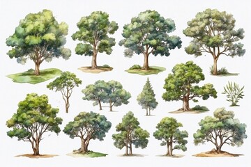 collection of oil painted  trees isolated on white background, forest set