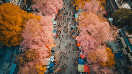 cherry blossom festival, streets filled with people, stalls, and trees in vibrant bloom, capturing the festive spirit