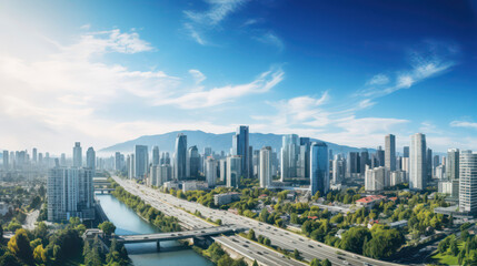Futuristic city view with towering buildings and verdant parks