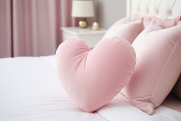 Fototapeta na wymiar closeup soft pink heart shaped pillow on a pink bed in light hotel