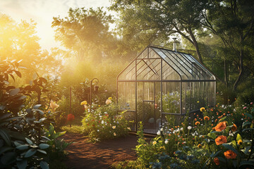 small glass greenhouse in a backyard garden at sunset, with warm, golden light casting long shadows and highlighting the texture of the glass