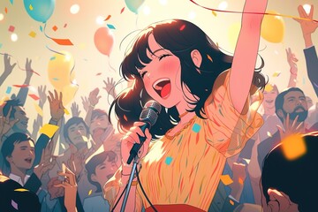 pretty anime girl singing in festival into a microphone in a crowd of people in retro style
