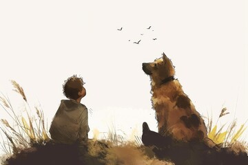 A young boy and his loyal canine companion pause during their hike to admire the majestic birds soaring through the vibrant sky, surrounded by the peaceful embrace of nature's lush grass and the dog'