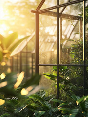 greenhouse made of glass, with detailed texture of the glass panels and frames, surrounded by lush greenery, reflecting the golden hues of sunset