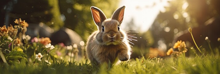 bunny runs along lawn against the backdrop of a sunny lawn, - obrazy, fototapety, plakaty