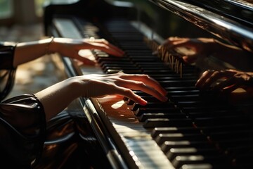 closeup of graceful female hands on the keys of an old shabby piano with sunlight