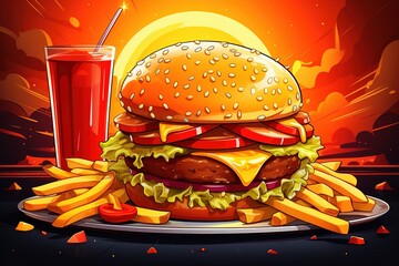 bright comic illustration of tasty hamburger, with french fries and sauce, with a drink on white background