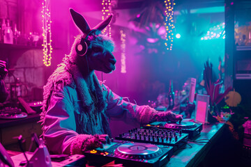 Amidst the vibrant violet and magenta lights of the nightclub, a person sporting headphones shares the stage with a furry llama wearing a garment, as they dance to the beats of the disc jockey, creat