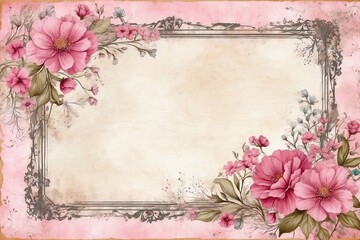 vintage pinl background with frame and flowers, shabby chic look