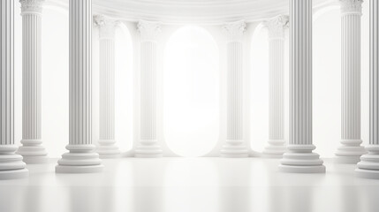 An image of an architectural symmetrical structure in the form of columns in white tones with receding perspective and ideal rhythms. Generative AI
