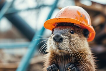 A determined otter dons a bright orange hard hat as it works tirelessly outdoors, its snout focused on the task at hand while its brown fur blends with the earth beneath its feet