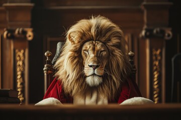 A majestic lion donning a vibrant red robe, showcasing its regal nature and luxurious fur in an indoor setting