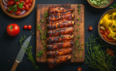 Grilled pork ribs with barbecue sauce, garnished with green onions and herbs on wooden board - obrazy, fototapety, plakaty
