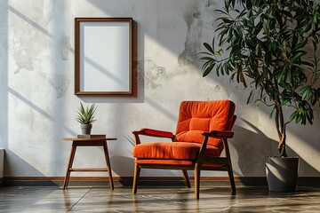 modern room interior with blank white picture frame, bright orange armchair, coffee table and house plant against a gray wall with sunlight