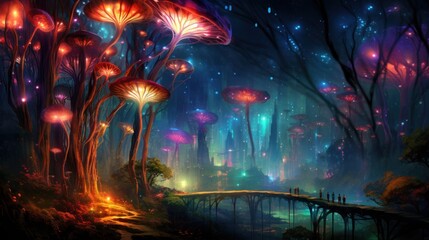 a painting of a night scene with mushrooms and a bridge in the foreground and a city in the background.