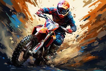 Abstract bright multicolored illustration of a motocross racer on a motorcycle - obrazy, fototapety, plakaty