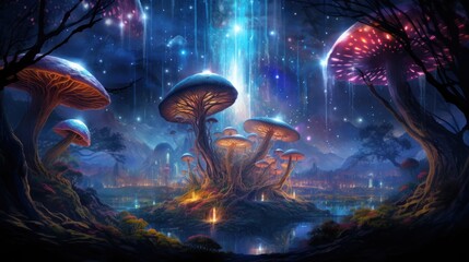  a painting of a group of mushrooms in a forest with a waterfall and stars in the sky in the background.