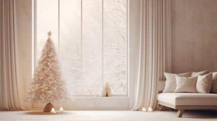  a living room with a christmas tree in the corner of the room and a couch in front of the window.