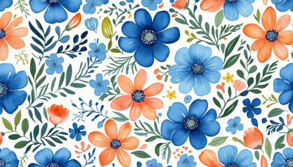 Watercolor floral pattern illustration with hand-drawn flowers in blue tones, perfect for spring backgrounds or wallpaper prints. - obrazy, fototapety, plakaty