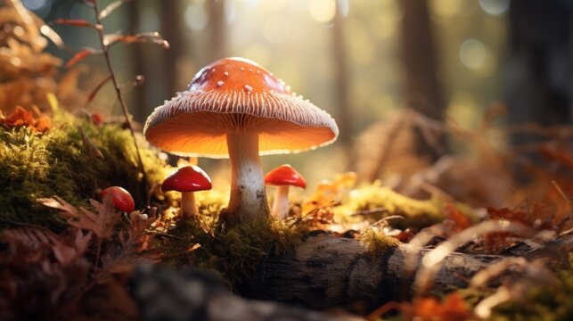  a group of mushrooms sitting on top of a lush green forest covered in leafy green and brown grass next to a forest floor.