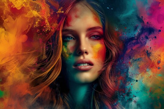 A vibrant and alluring portrait of a girl adorned with a spectrum of makeup, blurring the lines between human and art