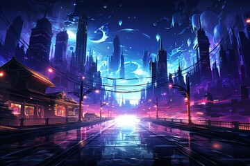 Path on sci-fi virtual polygonal futuristic neon night city street bridge with reflective pavement - obrazy, fototapety, plakaty