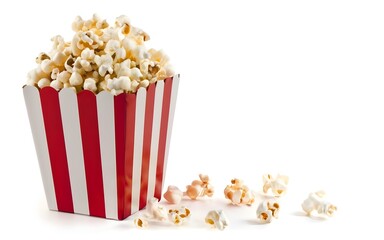 popcorn red white paper bucket isolated, white background, movies concept