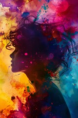 Vibrant hues of magenta and purple dance across a woman's profile, bringing to life the abstract beauty of modern art through colorful paint splashes