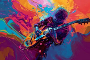 A vibrant anime-inspired painting of a modern musician strumming their guitar, blending musical and artistic expression into abstract harmony
