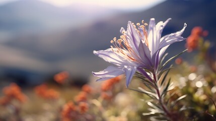  a close up of a flower on a plant with mountains in the backgroup of the picture in the background.