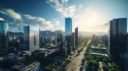 Futuristic city view with towering buildings and flourishing greenery - obrazy, fototapety, plakaty