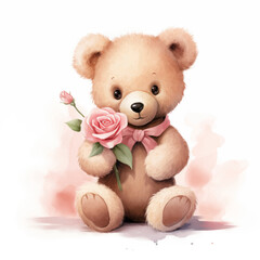 cute little teddy bear holding a pink rose for valentine's day postcard, valentine's day card, generative AI