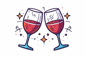 Whimsical child-like drawings of two cartoon wine glasses, sketched with a playful and imaginative style