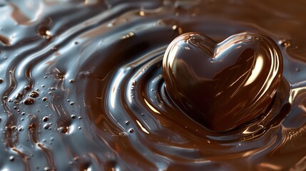 Heart-shaped chocolate buried in liquid chocolate. Love, Valentine concept. 3d rendering.