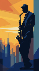 Man playing saxophone, designed on rainbows background graphic vector.