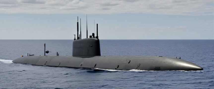 Military nuclear submarine firing underwater torpedo missile with copy space banner in ocean - AI not involved