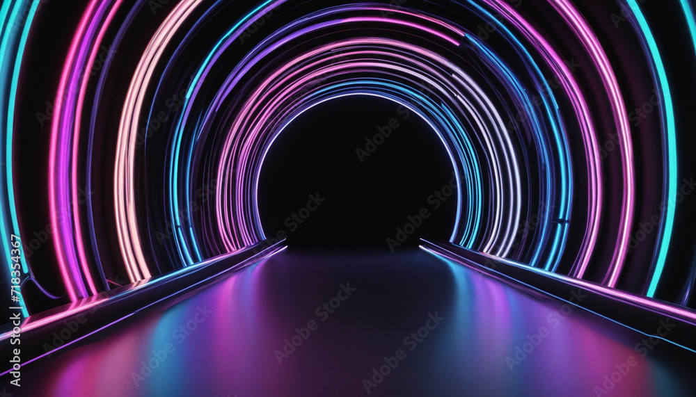 Wall mural abstract 3d render with neon lines and round arch on black background