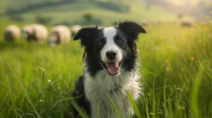 Border collie in a large green hilly meadow. Sheep are in the blurred background. Smart sheepdog.