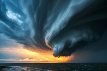 As the fiery sun sets over the vast ocean, a tempestuous storm cloud looms in the sky, casting an ominous shadow over the peaceful landscape of nature - obrazy, fototapety, plakaty