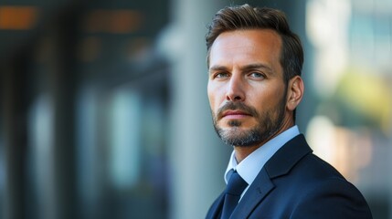 Fototapeta premium A dapper gentleman stands confidently outdoors, his sharp suit and perfectly groomed facial hair framing his determined expression and hinting at the sophistication and elegance that lies beneath