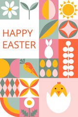 Colorful festive card for Happy Easter. Modern design with geometric shapes. Stylized eggs, bunny, flowers, nestling. Template for card, poster, flyer, banner, cover