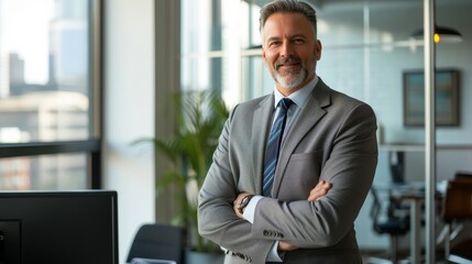 A confident businessman takes charge in his modern office, clad in a sharp suit and using his laptop to lead his team to success