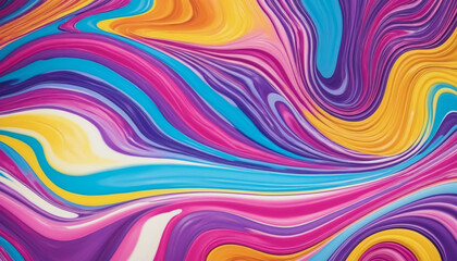 Vibrant abstract color flow retro noise texture background with liquid paint pattern in purple, yellow, blue, and magenta.