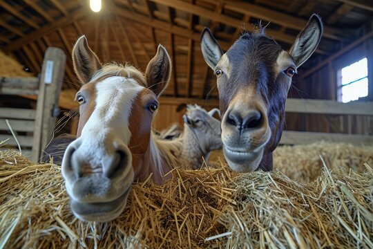 A curious group of farm animals, including horses, goats, and livestock, stand indoors surrounded by hay and straw, all gazing intently at the camera