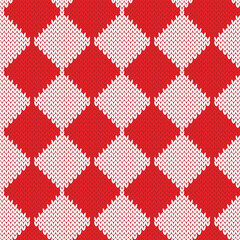 Rhombus seamless pattern for knitwear design. Red and white background. Monochrome vector illustration.