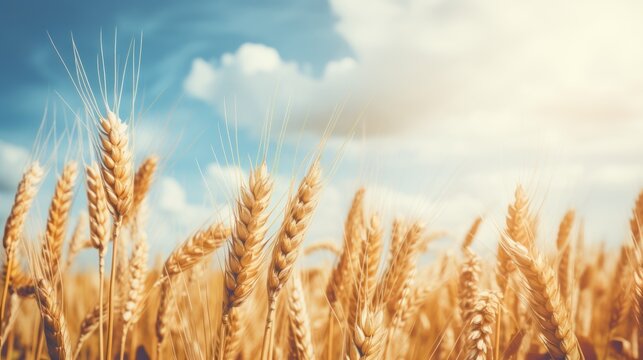  a field of wheat with a blue sky in the background and a few clouds in the middle of the picture.