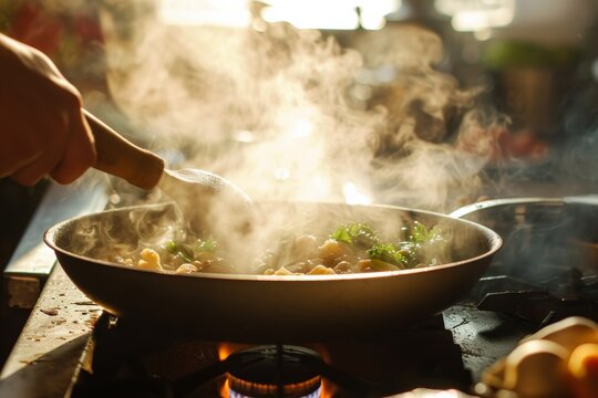 A person expertly cooks a delicious meal in a wok over an outdoor stove, using a variety of kitchenware including a frying pan, saute pan, and pot, while adding fresh vegetables to the mix in a cozy 